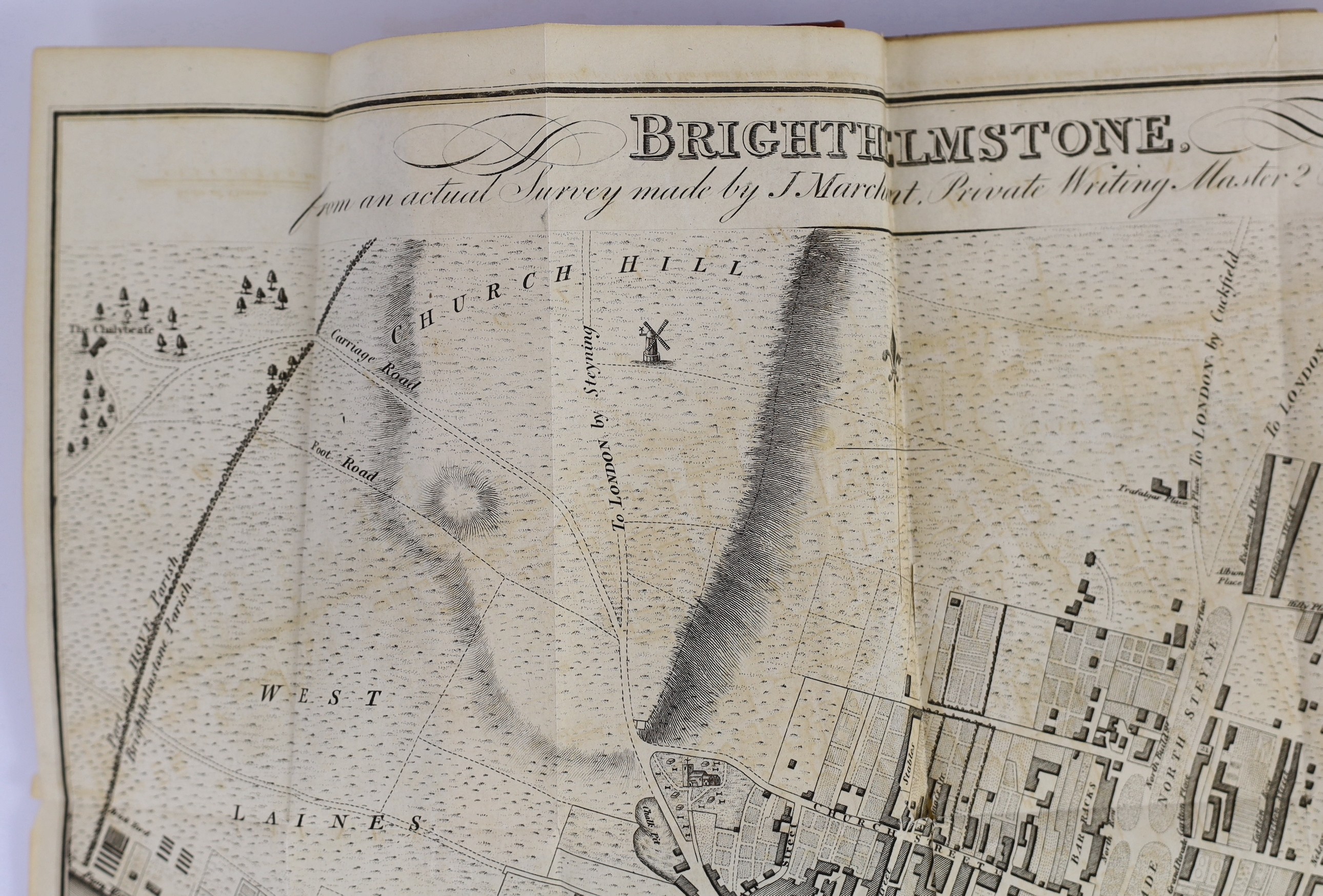 BRIGHTON: (Brighton) Attree's Topography of Brighton: and, Picture of the Roads, from thence to the Metropolis ... folded plan (detailed), folded map and 2 plates, half title; rebound morocco backed cloth with gilt spine